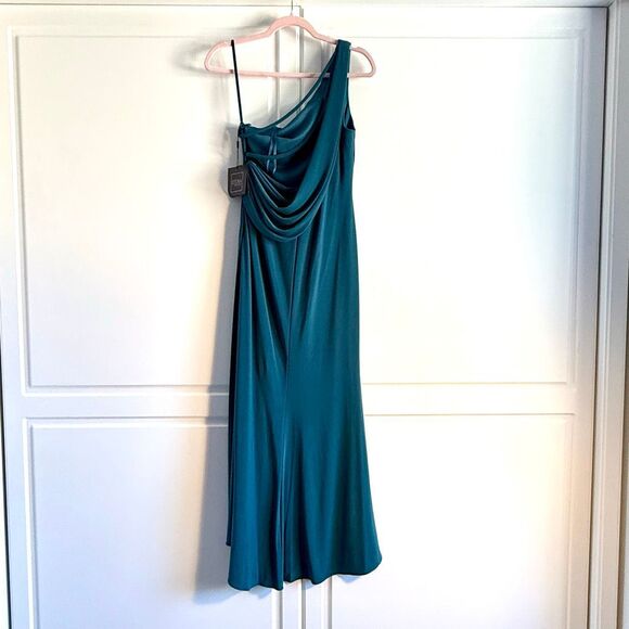 NWT Ieena for Mac Duggal One Shoulder Draped Back Gown in emerald green (Style # - Picture 8 of 14